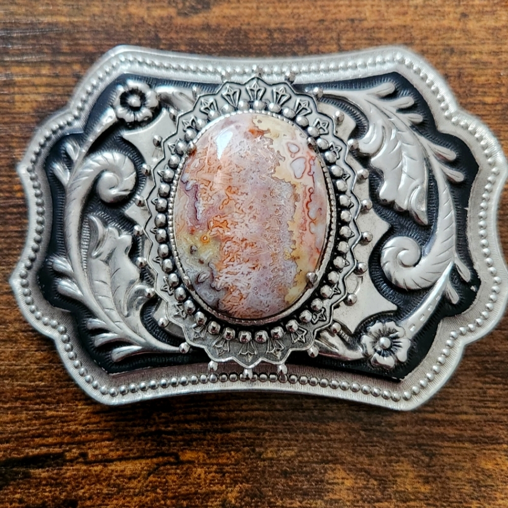 Silver Western Belt Buckle with Pink Multi-Tone Stone